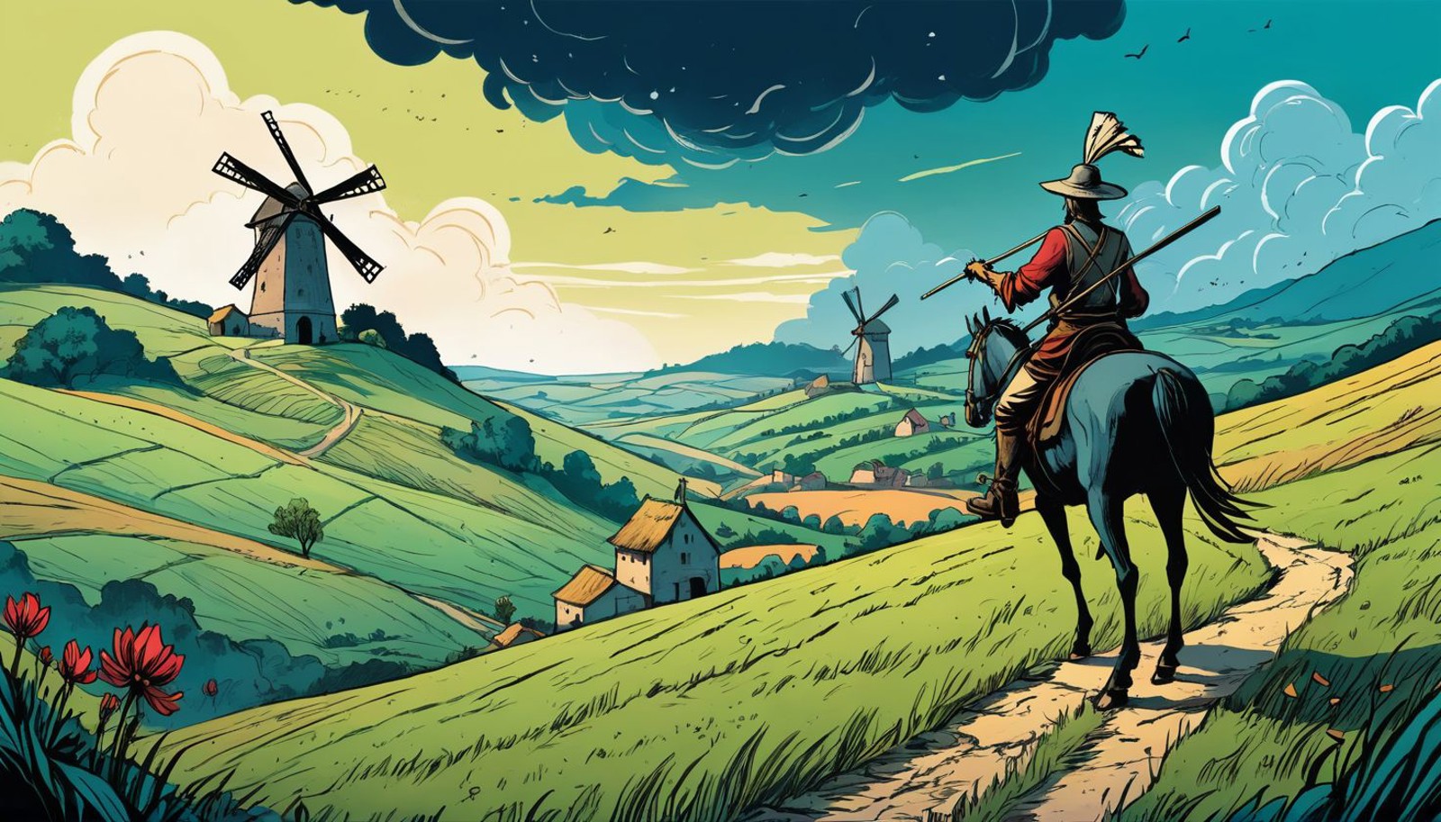 graphic novel illustration (vibrant:0.7) dark comic book ink style,don quichotte, mill wind, intricate landscape